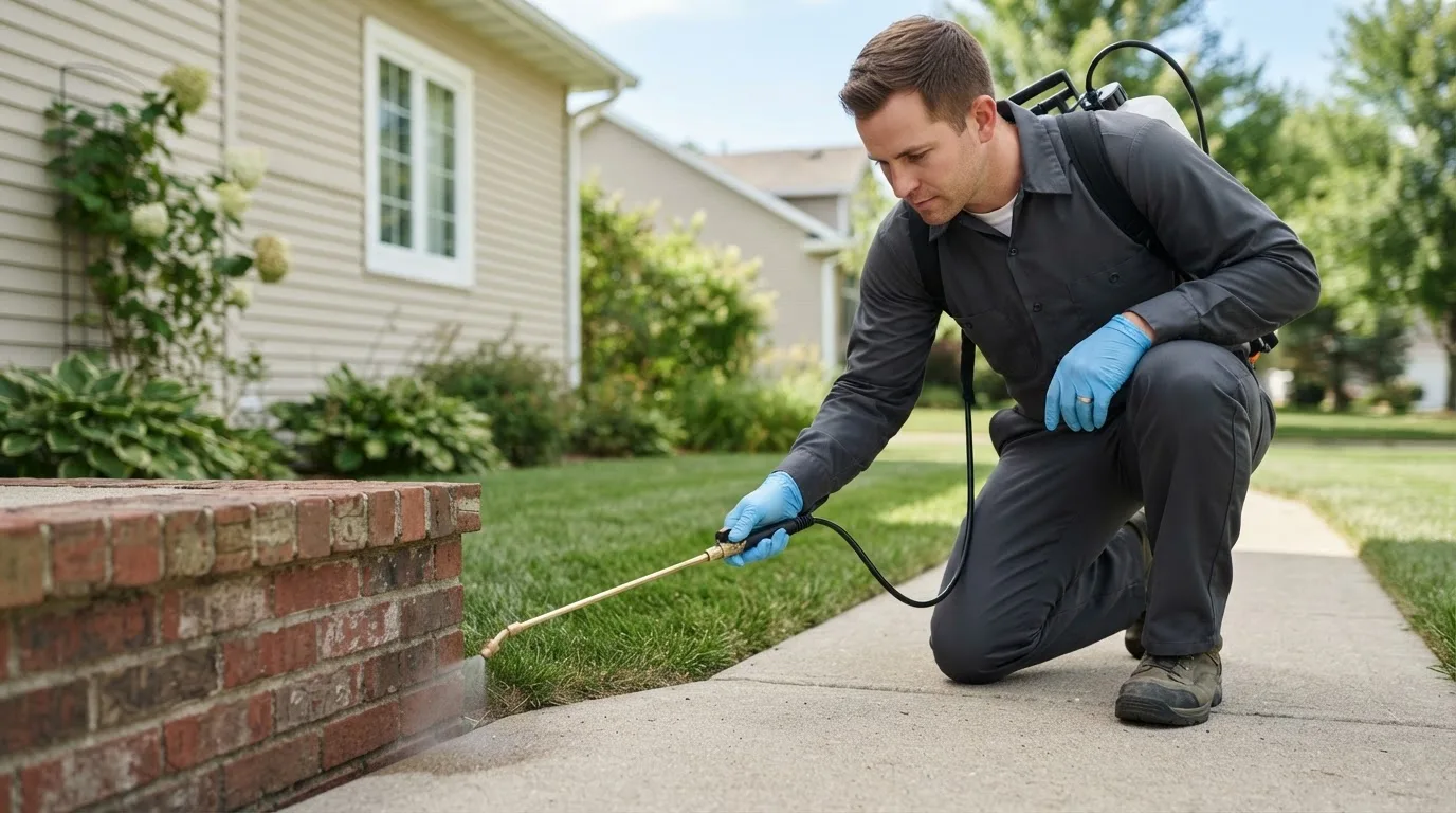 Pest control technician treating a home near Hillman, MN